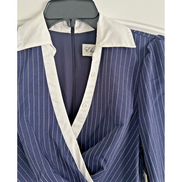 Eliza J Women's Twist-Front Cascade Collared Shirt Dress w.Pockets  White Navy 4 - Picture 5 of 9